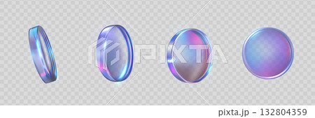 3D holographic purple iridescent glass coins view from different angles vector set, realistic game token, casino chip 132804359