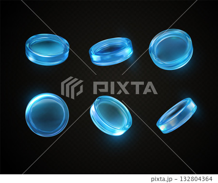 3D holographic glass coin blue neon effect vector set, realistic shiny transparent coin, game token, casino chip 132804364