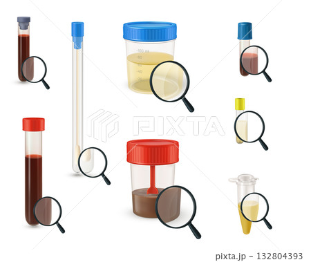 Set of filled containers for laboratory analysis, with a magnifying glass, blood, urine, feces. 132804393