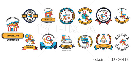 The image is a collection of various badges and symbols The image is a collection of various badges and symbols 132804418