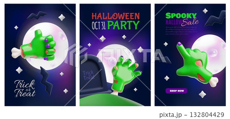 Happy Halloween spooky party 3D vector design set, creepy zombie green hand gestures, Trick or treat, Sale promotion Happy Halloween spooky party 3D vector design set, creepy zombie green hand gestures, Trick or treat, Sale promotion 132804429