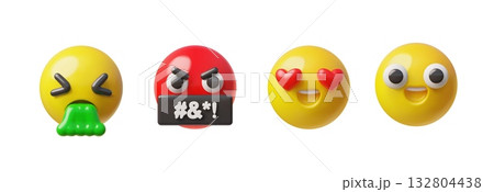 Emoji emoticon realistic 3D design vector icons set, happy, enamored with heart-shaped eyes, vomit and swear round faces Emoji emoticon realistic 3D design vector icons set, happy, enamored with heart-shaped eyes, vomit and swear round faces 132804438