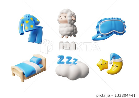 Sweet dreams 3D cartoon plastic style vector icons set, sleep time collection, bed, pajamas, eye sleep mask, lamb, moon 132804441