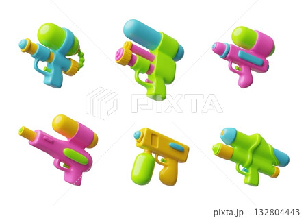 Water gun with refill water reservoir 3D cartoon plastic style vector set, colorful blaster kids game weapon blaster toy 132804443