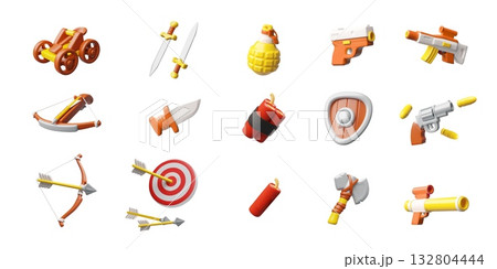 Old weapon collection 3D cartoon plastic style vector set, volume catapult, axe, sword, crossbow, shield, revolver, bomb 132804444