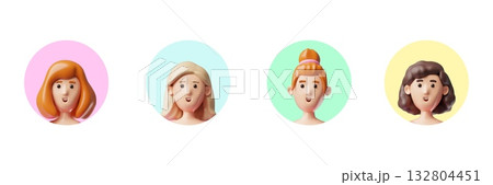 3D set of female avatars with different hairstyles and hair colors, in round colored frames. 132804451