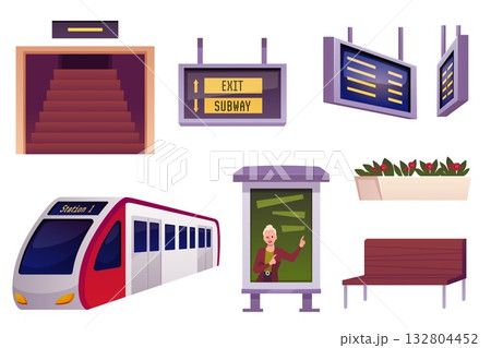 Railway subway station interior elements vector set, metro train, stairway, scoreboard, billboard, bench infrastructure 132804452