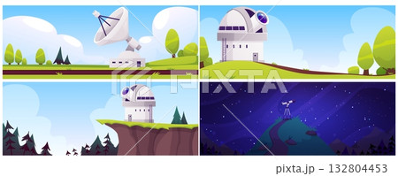 Space observatory building, antenna with satellite dish and telescope on the hill vector astronomy illustrations set Space observatory building, antenna with satellite dish and telescope on the hill vector astronomy illustrations set 132804453