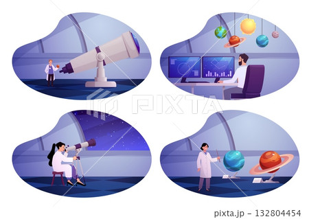 Observatory interior with telescope and planetarium, astronomy scientists observing space vector flat illustrations set Observatory interior with telescope and planetarium, astronomy scientists observing space vector flat illustrations set 132804454