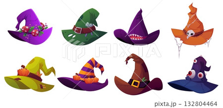 Magic witch hat collection, vector cartoon wizard spooky hat decorated with pumpkins, mushroom, eyes or teeth, Halloween Magic witch hat collection, vector cartoon wizard spooky hat decorated with pumpkins, mushroom, eyes or teeth, Halloween 132804464