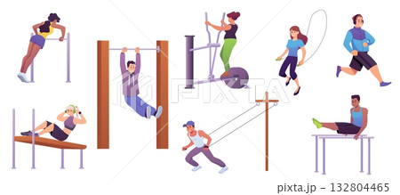 Cartoon man and woman doing sport exercises, training strength with sport equipment, street or gym workout vector set 132804465