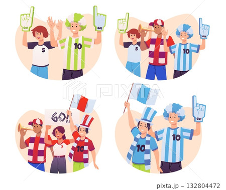 People crowd of cheering sport fans with flags and posters, scarves and hats, wig, supporting team groups vector set 132804472