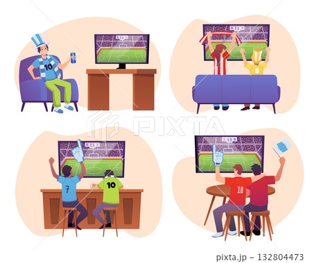 Soccer fans watching TV, sport match in cafe or at home, football sports fans characters cheering vector set Soccer fans watching TV, sport match in cafe or at home, football sports fans characters cheering vector set 132804473