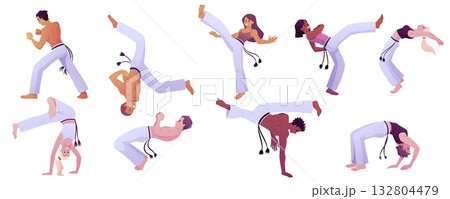People doing capoeira exercise, Brazilian Capoeira dance and fight sport, Martial art vector illustrations set isolated 132804479