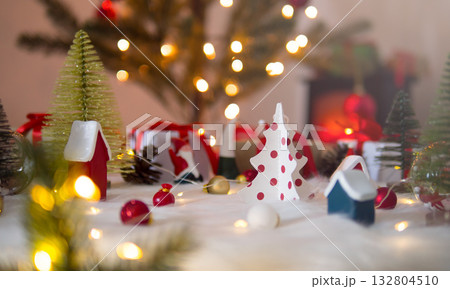Beautiful christmas decorations with blurred christmas tree lights background 132804510