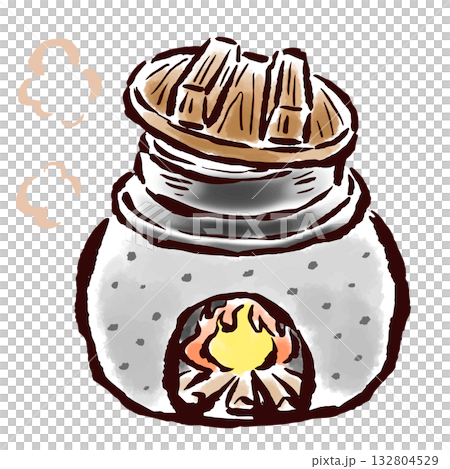 昔ながらのかまど炊きご飯　筆タッチ手描きイラスト 132804529