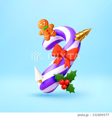 3D Candy cane with Christmas decor. 3D Candy cane with Christmas decor. 132804577