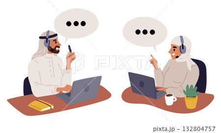 Arab man and woman work in customer service. Call center employees with laptops and headphones. Arabian people. Clients support helpdesk assistants. Online consultants. Vector concept 132804757