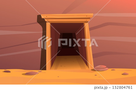 Entrance to stone cave. Passageway to gold mine. Colliery gate. Cliff rock gorge. Mountain landscape. Geological tunnel. Granite cavern door. Stonewall with wood arch. Vector background 132804761