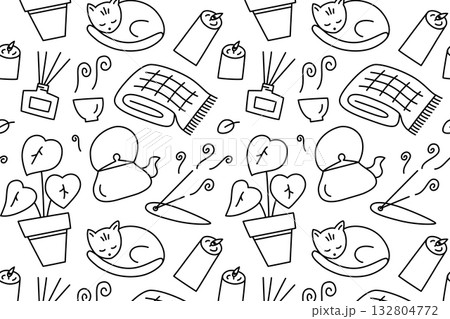 Black and white pattern with cozy relaxation and meditation theme. Flat cartoon vector illustration with plants, candles and tea for calm home decor, mindfulness design and peaceful lifestyle Black and white pattern with cozy relaxation and meditation theme. Flat cartoon vector illustration with plants, candles and tea for calm home decor, mindfulness design and peaceful lifestyle 132804772