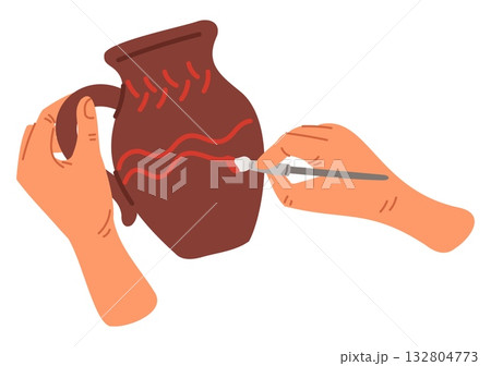 Hand with paintbrush decorates brown clay jug. Handmade in pottery art workshop. Craft hobby. Ceramist painting earthenware. Ceramic pot vase. Potter arms with brush. Vector concept Hand with paintbrush decorates brown clay jug. Handmade in pottery art workshop. Craft hobby. Ceramist painting earthenware. Ceramic pot vase. Potter arms with brush. Vector concept 132804773