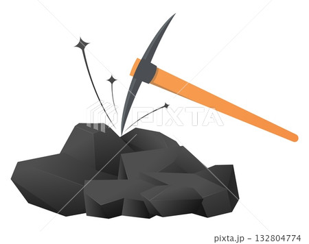 Large pile of black graphite coal and miners pickaxe. Coal mining. Natural resources. Hammer for pit stone digging. Hitting cavern rock ground with axe. Mineral mine. Vector concept Large pile of black graphite coal and miners pickaxe. Coal mining. Natural resources. Hammer for pit stone digging. Hitting cavern rock ground with axe. Mineral mine. Vector concept 132804774