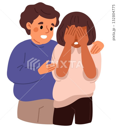 Little boy comforts and hugs crying girl. Psychological support and help for depression. Soothing embrace. Solidarity to worried sad person. Guy caring upset young woman. Vector concept Little boy comforts and hugs crying girl. Psychological support and help for depression. Soothing embrace. Solidarity to worried sad person. Guy caring upset young woman. Vector concept 132804775