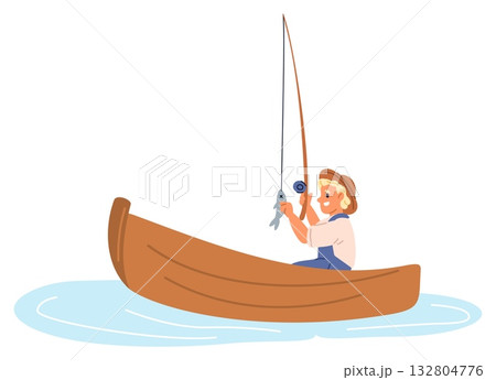 Little boy in boat catches fish in river with fishing rod. Young fisherman angling perch. Fishhook at carp. Ship on water. Fisher outdoor active leisure. Spinning angler. Vector concept Little boy in boat catches fish in river with fishing rod. Young fisherman angling perch. Fishhook at carp. Ship on water. Fisher outdoor active leisure. Spinning angler. Vector concept 132804776