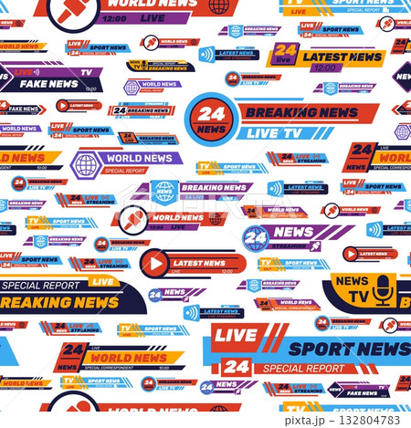 Logos and news ticker templates seamless pattern. Scoreboard badge. Live streaming video channel bars. Versus headline. Repeated print. Tournament display score label. Vector background Logos and news ticker templates seamless pattern. Scoreboard badge. Live streaming video channel bars. Versus headline. Repeated print. Tournament display score label. Vector background 132804783