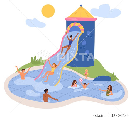 Men and women swimming in pool. Children ride on water slides. Aquapark attractions. Summer activities. Waterpark entertainment. Amusement aquatic plastic pipe. Beach resort. Vector concept 132804789