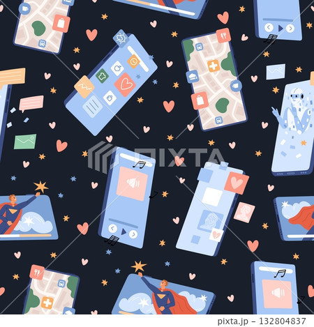 Mobile phones with various applications seamless pattern. Interface icons. Smartphone features. Repeated print. Device screens. Messenger chat mail. Delivery map. Vector background 132804837