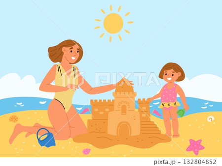 Mother and daughter building sandcastle together on beach. Family relax at seashore. Mom and kid playing on sand. Sandy castle. Ocean travel vacation. Bucket and scoop. Vector concept Mother and daughter building sandcastle together on beach. Family relax at seashore. Mom and kid playing on sand. Sandy castle. Ocean travel vacation. Bucket and scoop. Vector concept 132804852