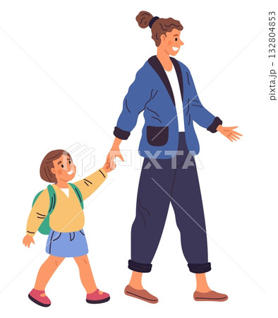 Mother and her young daughter walk together holding hands. Happy woman parent leads girl to school. Family at city street. Kid with backpack. Mom supporting schoolchild. Vector concept 132804853