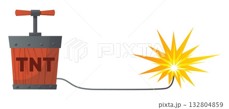 Old fashioned detonator for setting off explosion using TNT. Explosives or dynamite. Burning wick. Terrorist military attack. War weapon. Timer detonation. Napalm boom. Vector concept Old fashioned detonator for setting off explosion using TNT. Explosives or dynamite. Burning wick. Terrorist military attack. War weapon. Timer detonation. Napalm boom. Vector concept 132804859
