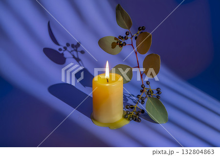 Atmospheric still life with a yellow candle, a eucalyptus branch and berries on a lilac-purple background. Atmospheric still life with a yellow candle, a eucalyptus branch and berries on a lilac-purple background. 132804863