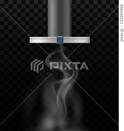 Realistic kitchen hood with smoke steam on transparent background. Household appliance. Vapor ventilation equipment. Domestic metal stainless kitchenware. Electric cooker. Vector object 132804868