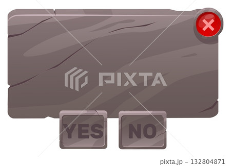 Stone game panel with yes or no buttons for selecting desired option. Video gaming dashboard. Message interface. Play question screen interface. Menu blank rock frame. Vector empty banner Stone game panel with yes or no buttons for selecting desired option. Video gaming dashboard. Message interface. Play question screen interface. Menu blank rock frame. Vector empty banner 132804871
