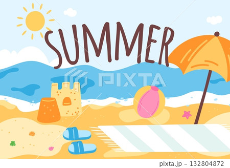 Summer travel poster. Featuring sea. Sandy beach. Sunbathing parasol. Mat at seashore. Sandcastle with seashells and starfish. Inflatable ball. Season for vacation vector banner design 132804872