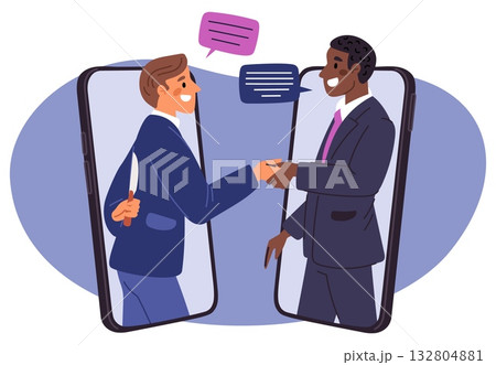 Two businessmen shake hands. One hides knife behind back. Smartphone screens. Phone technology for negotiation. Partnership sabotage. Vector concept of deception and betrayal in business 132804881