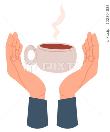 Two hands holding cup of aromatic coffee. Arms gesture. Cappuccino ceramic mug with aroma steam. Caffeine hot beverage. Flavored espresso. Vector concept of love for delicious drink 132804882