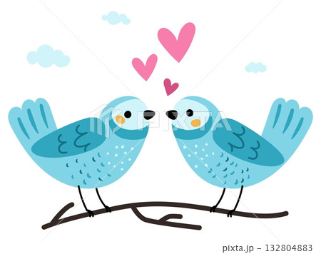 Two lovebirds sit next to each other on tree branch with amour hearts. Cartoon birds love and romance. Valentine animals. Birdies flight. Spring couple relationship. Vector illustration Two lovebirds sit next to each other on tree branch with amour hearts. Cartoon birds love and romance. Valentine animals. Birdies flight. Spring couple relationship. Vector illustration 132804883