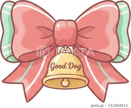 A pink ribbon bow with a golden bell inscribed Good Dog A pink ribbon bow with a golden bell inscribed Good Dog 132804913