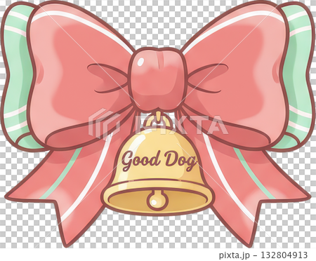 A pink ribbon bow with a golden bell inscribed Good Dog A pink ribbon bow with a golden bell inscribed Good Dog 132804913