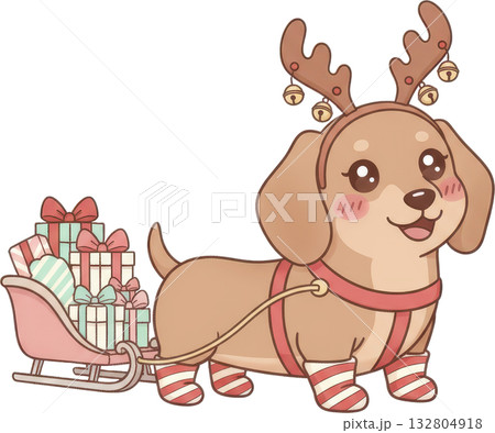 Adorable cartoon dachshund dressed as a reindeer pulls a festive sleigh filled with Christmas Adorable cartoon dachshund dressed as a reindeer pulls a festive sleigh filled with Christmas 132804918