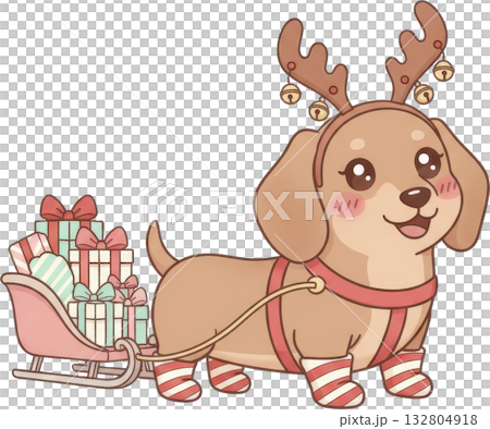 Adorable cartoon dachshund dressed as a reindeer pulls a festive sleigh filled with Christmas Adorable cartoon dachshund dressed as a reindeer pulls a festive sleigh filled with Christmas 132804918