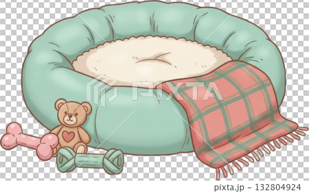 Cozy pet bed with cute toys and plaid blanket Cozy pet bed with cute toys and plaid blanket 132804924