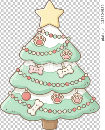Cute cartoon Christmas tree with festive paw print and bone ornaments Cute cartoon Christmas tree with festive paw print and bone ornaments 132804926