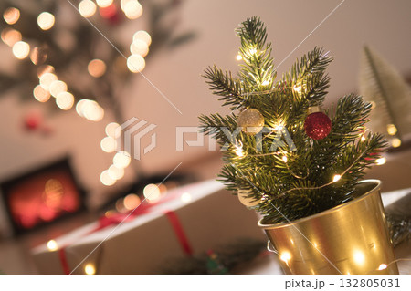 Beautiful christmas tree decoration with blurry tree lights background 132805031