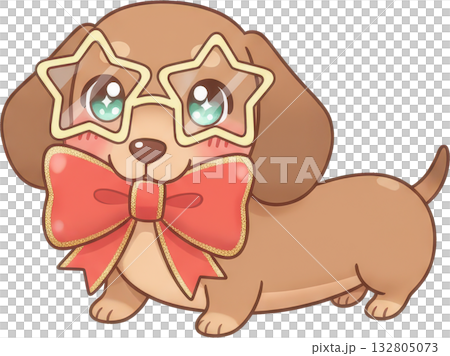 Cute dachshund puppy with star glasses and red bow tie Cute dachshund puppy with star glasses and red bow tie 132805073
