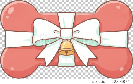 Cute pink bone shaped gift with white ribbon bow and golden bell Cute pink bone shaped gift with white ribbon bow and golden bell 132805074